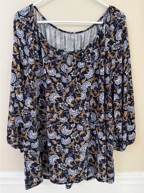 Garnett Hill blue yellow floral print 3/4 sleeve top size xl